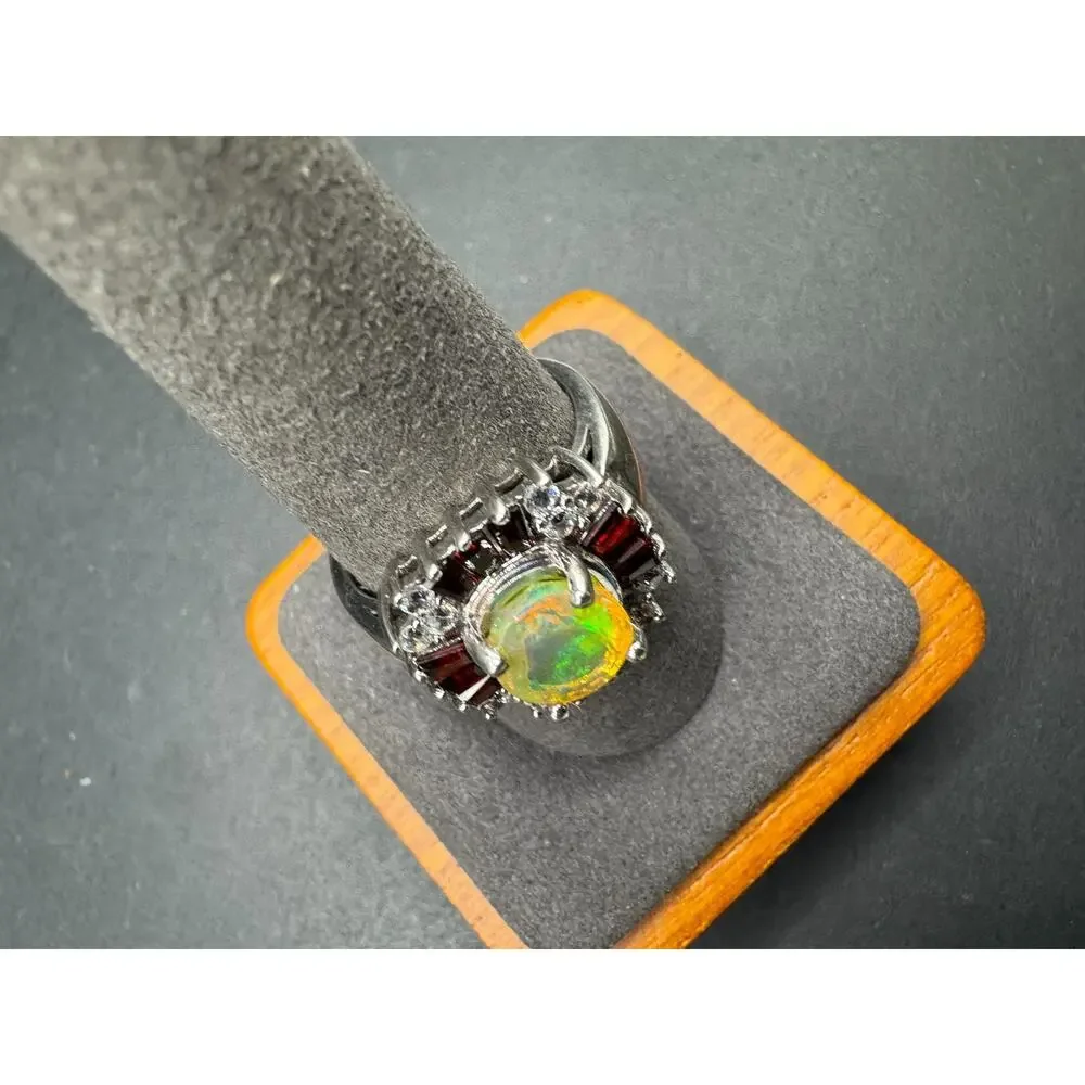 J&T Thai 925 Sterling Silver Fire Opal Ring Garnet CZ Halo Cluster Ring Sz 9.75